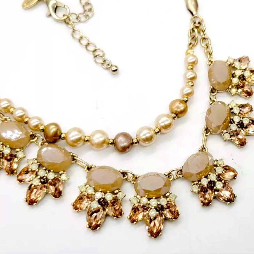 Ann Taylor Necklace Herringbone Crystal Faux Pearl Pale Gold tone Peach 22 in